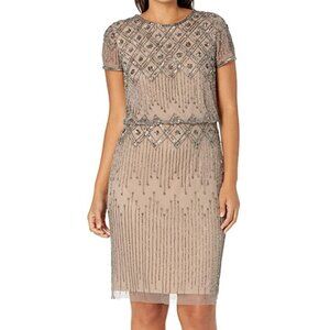 NWT Adrianna Papell Mercury Nude Beaded Allover Short Sleeve Blouson Dress